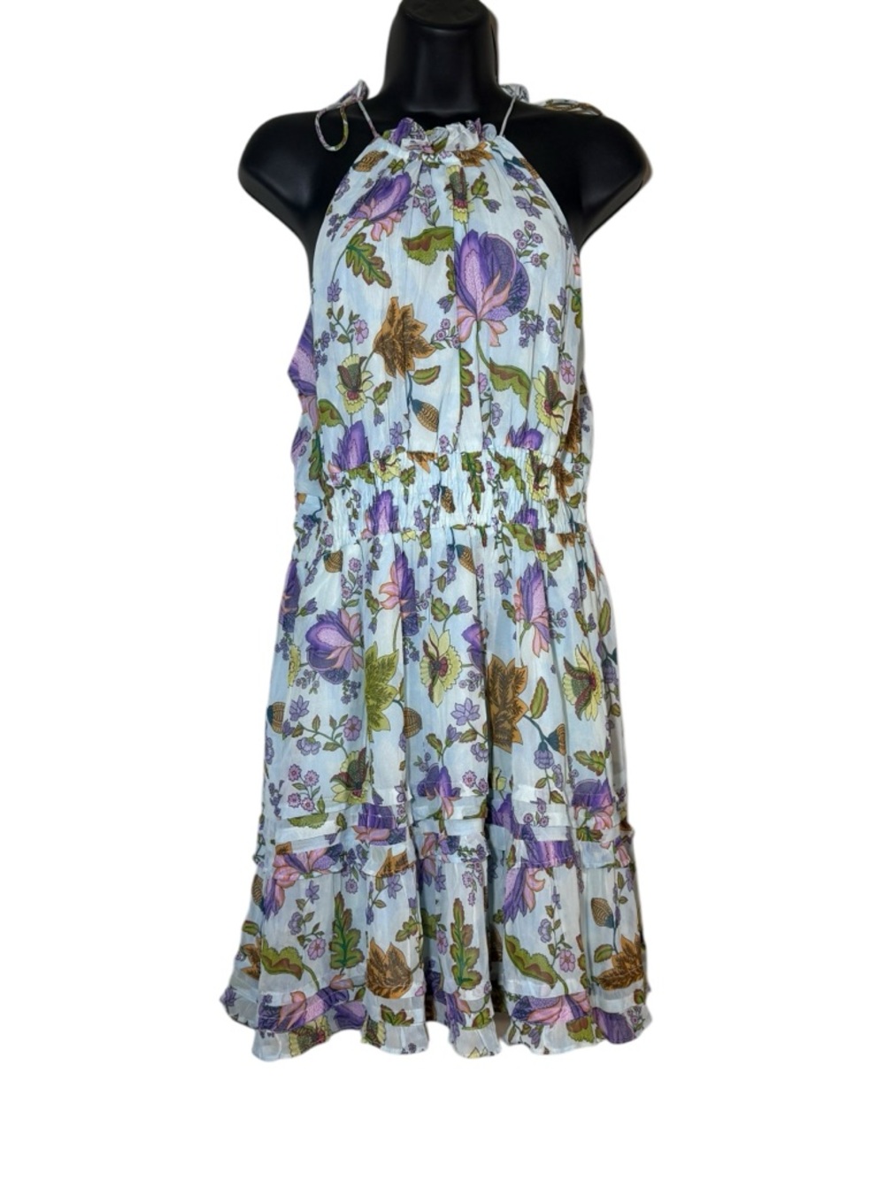 NWT Anthropologie Light Blue Purple Floral Halter Dress Tiered Ruffle Small